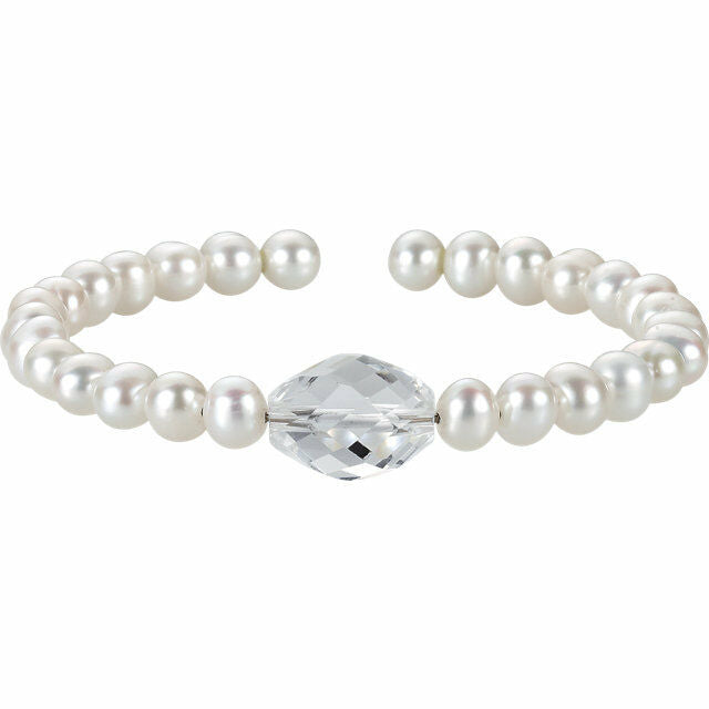 Genuine Freshwater Cultured Pearl and Crystal Cuff Bracelet 7.5" inch