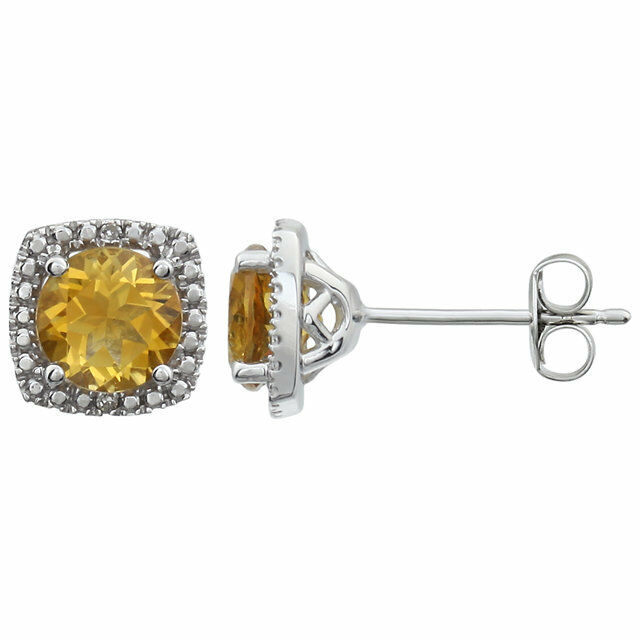 Sterling Silver 6mm CITRINE & .015 ct tw Diamond Earrings Birthstone Jewelry