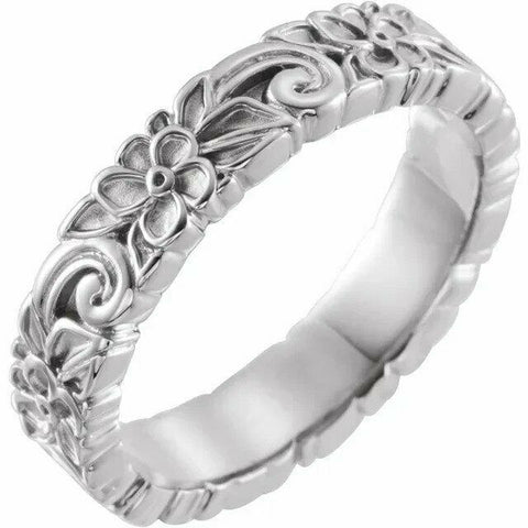 Image of Sterling Silver Floral Inspired Band 4.2 mm wide Sizes 4-8 including 1/2 sizes