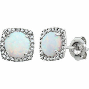 Sterling Silver 6mm Lab Created Opal & .015 ct tw Diamond Button Stud Earrings