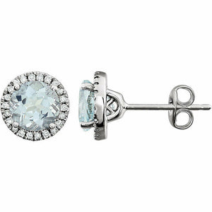 Genuine Aquamarine and 1/8 CTW Diamond Earrings set in 14k White Gold Halo Style