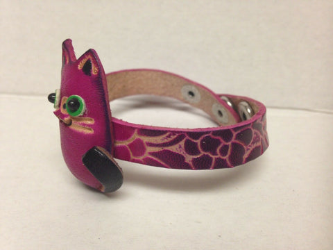 Image of Handmade Pink Cat Leather Bracelet Animal Collection with Snap Closure New