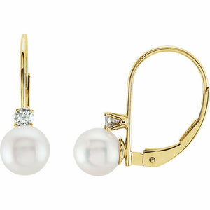 Gold Akoya Cultured Pearl and Diamond Lever Back Drop Earrings 14kt Yellow