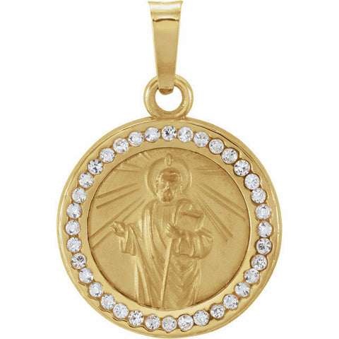 Image of Saint Jude Pendant 14K Yellow Gold St. Medal with Lab-Grown White Sapphires New