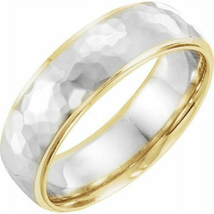 Flat Edge Wedding Band Hammer Finish 14k Gold Yellow/White/Yellow Sizes 7-12