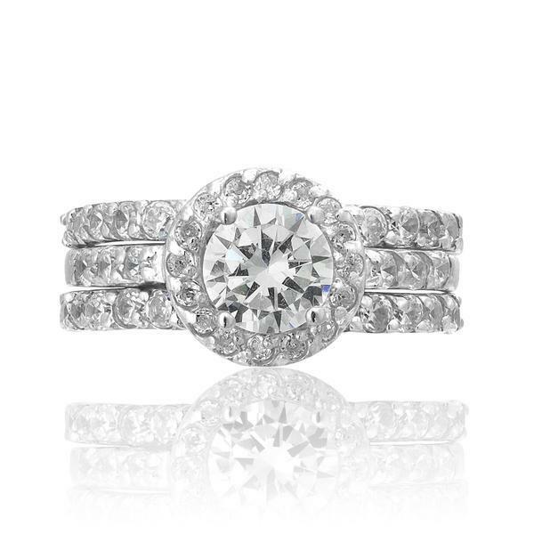 SIZE 8 - Engagement Ring Set Halo Style CZ Cubic Zirconia and Sterling Silver