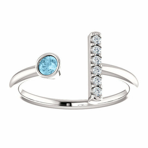 Image of 14k White Gold Genuine Aquamarine and .06 ctw Diamond Bar Fashion Ring Size 7