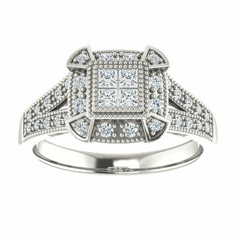 Image of Sterling Silver Cubic Zirconia Halo-Style Square Illusion Ring Size 7