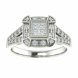 Sterling Silver Cubic Zirconia Halo-Style Square Illusion Ring Size 7