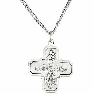 Four Way Cross Cruciform Pendant Medal w/ 24" Chain Sterling Silver Necklace