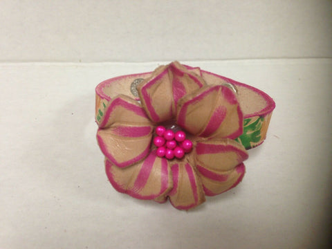 Image of Handmade Large Pink Flower Leather Bracelet two Snap Closure Unique Gift Idea