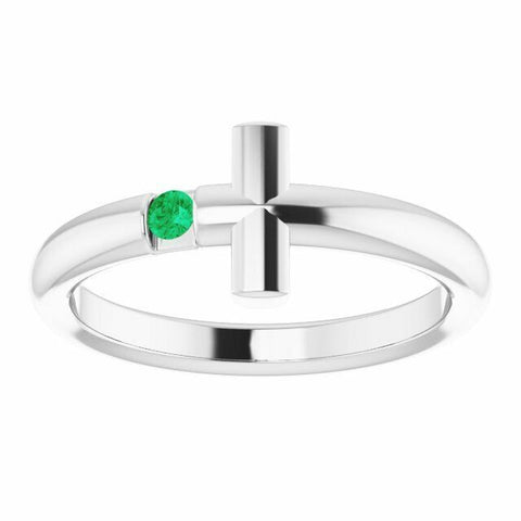 Image of Size 7 - 14K White Gold Emerald Sideways Cross Ring Religious Birthstone Jewelry