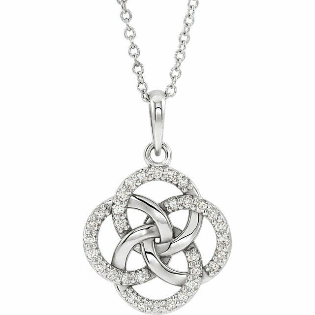 14K White Gold 1/8 CTW Diamond Five Fold Celtic Necklace 16-18" Adjustable Chain