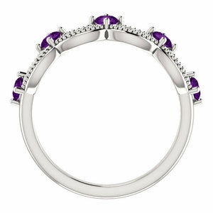 SIZE 7 - Genuine Amethyst and .06 CTW Diamond Crown Ring in 14kt White Gold