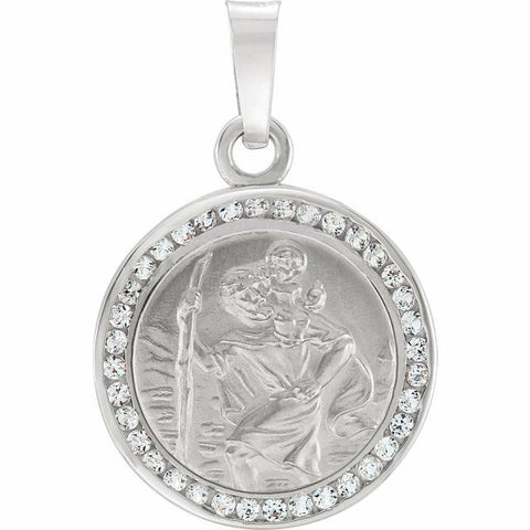 Image of 14K White Gold St. Christopher Pendant Medal with Lab-Grown White Sapphires