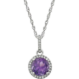 Amethyst and Diamond 14k White Gold Halo-Styled 18" inch Birthstone Necklace New