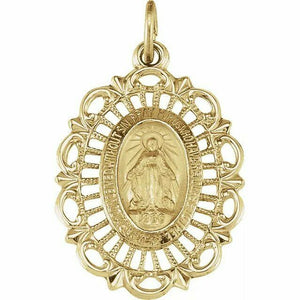 Miraculous Mary Pendant 25x18mm 14k Yellow Gold Oval Filigree Religious Medal