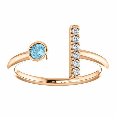 Image of 14k Rose Gold Genuine Aquamarine and .06 ctw Diamond Bar Fashion Ring Size 7