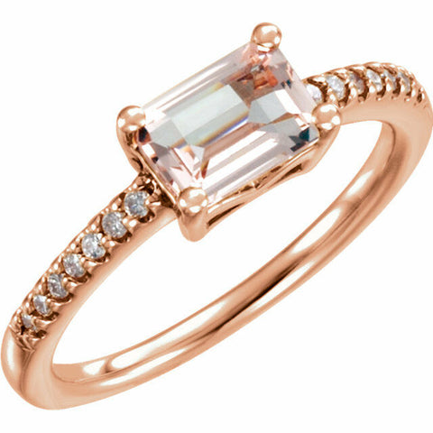 Image of 14kt Rose Gold Morganite & 1/10 CTW Diamond Ring Emerald Shape Fashion Ring Sz 7