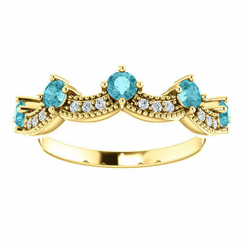 Image of SIZE 7 - 14kt Yellow Gold Blue Zircon and .06 CTW Diamond Crown Ring New