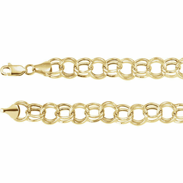 7.25 Inch 14kt Yellow Gold Double Link Charm Bracelet 5.7mm Wide Lobster Clasp