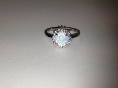 Sterling Silver Lab Created Opal and CZ Cubic Zirconia Halo Style Ring Size 9