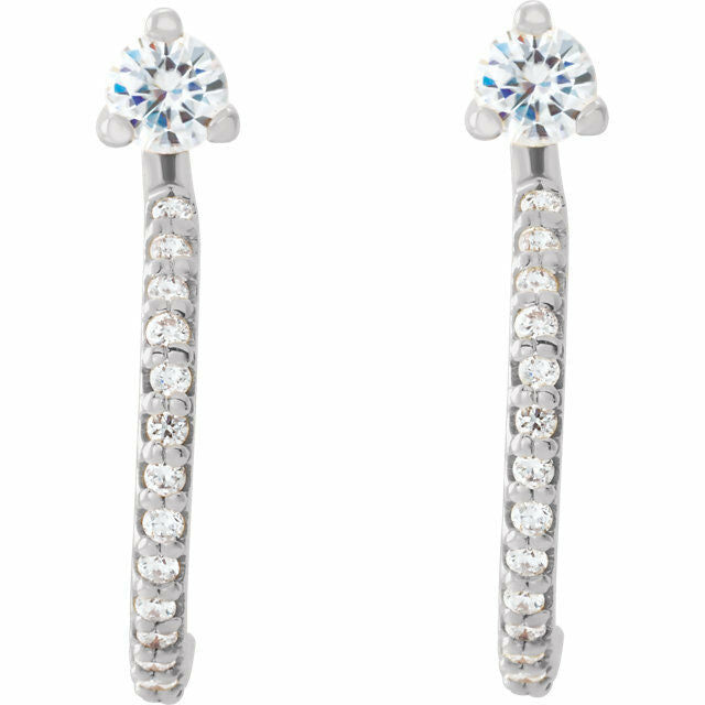 14K White Gold Round Forever One Moissanite and 1/6 ctw Diamond Earrings J Hoop