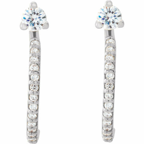 Image of 14K White Gold Round Forever One Moissanite and 1/6 ctw Diamond Earrings J Hoop