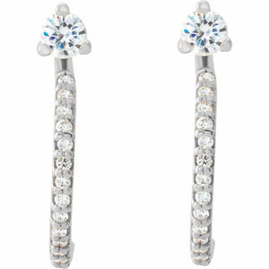 14K White Gold Round Forever One Moissanite and 1/6 ctw Diamond Earrings J Hoop