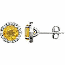Genuine Citrine and 1/8 CTW Diamond Earrings set in 14k White Gold Halo Style