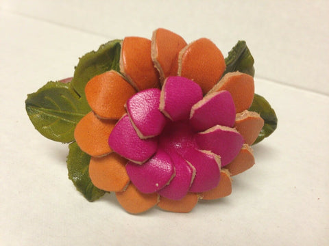 Image of Handmade Pink and Orange Flower Leather Bracelet 2 Snap Closure Unique Gift Idea