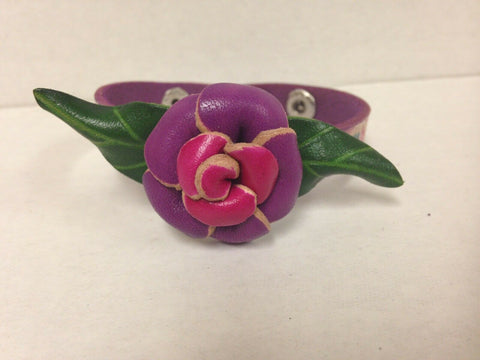 Image of Handmade Pink and Purple Flower Leather Bracelet 2 Snap Closure Unique Gift Idea