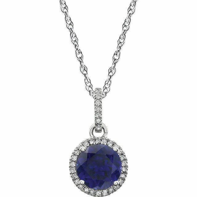 14K White 1/10 ct tw Diamond & Created Blue Sapphire Birthstone Necklace New