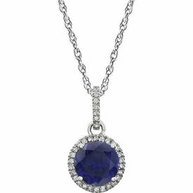 14K White 1/10 ct tw Diamond & Created Blue Sapphire Birthstone Necklace New