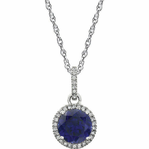 Image of 14K White 1/10 ct tw Diamond & Created Blue Sapphire Birthstone Necklace New