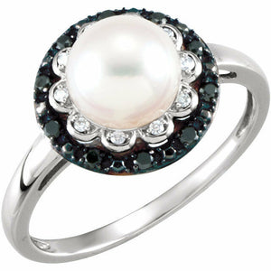 14k White Gold Freshwater Pearl & Black and White Diamond Ring + FREE Shipping