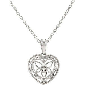 Image of NEW Sterling SILVER Diamond HEART Pendant NECKLACE Filigree 18" FREE Shipping