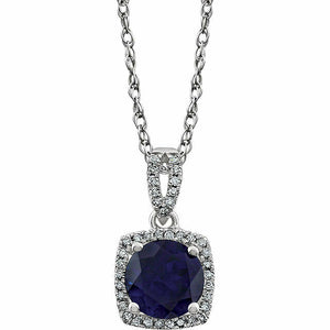 14K White Gold Created Blue Sapphire and 1/8 CTW Diamond 18" Inch Necklace