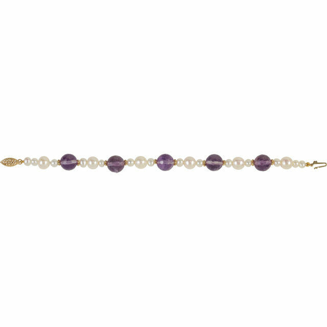 Freshwater Cultured Pearl & Amethyst Bracelet 14k Yellow Gold 7.5" Inch