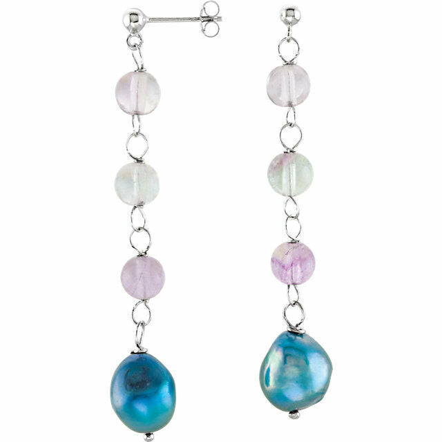 Freshwater Cultured Dyed Blue Pearl & Natural Crystal Bead Dangle Earrings SS
