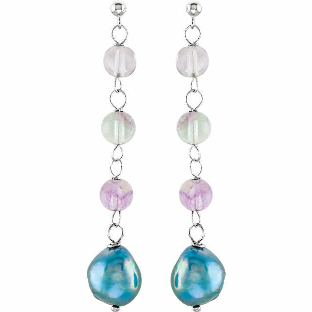 Freshwater Cultured Dyed Blue Pearl & Natural Crystal Bead Dangle Earrings SS