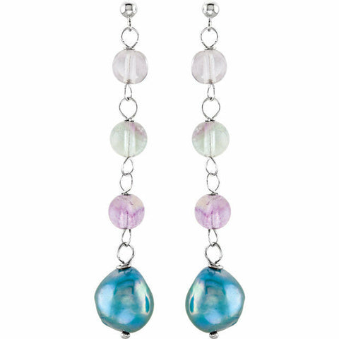 Image of Freshwater Cultured Dyed Blue Pearl & Natural Crystal Bead Dangle Earrings SS