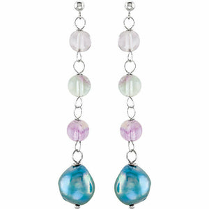 Freshwater Cultured Dyed Blue Pearl & Natural Crystal Bead Dangle Earrings SS