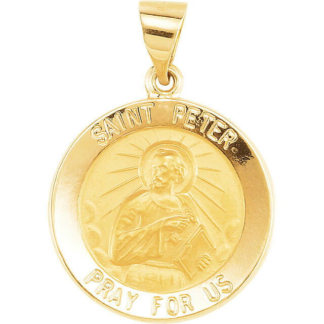 Saint St PETER Pendant Medal 18.2 mm 14k Yellow Gold Round Religious Jewelry