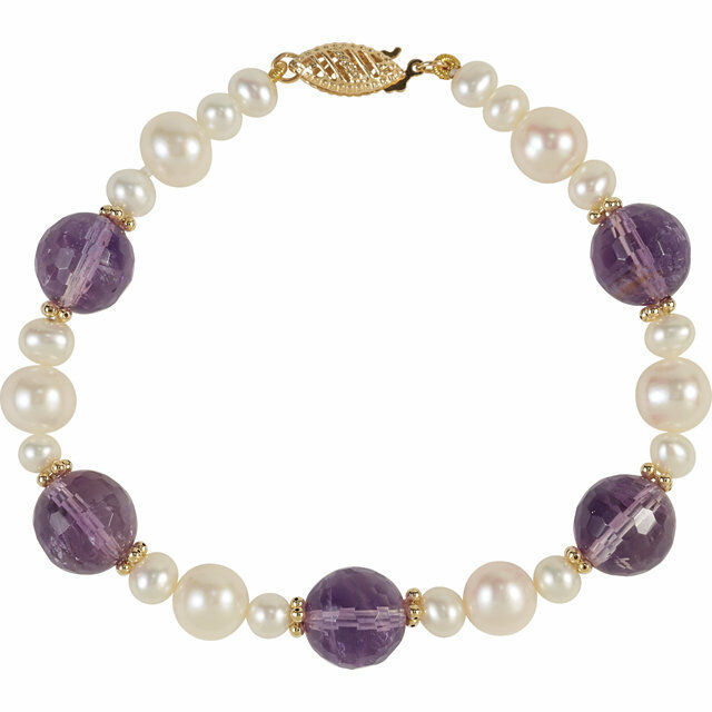 Freshwater Cultured Pearl & Amethyst Bracelet 14k Yellow Gold 7.5" Inch